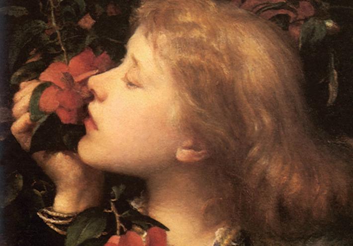 A painting depicts a young woman smelling a red flower.