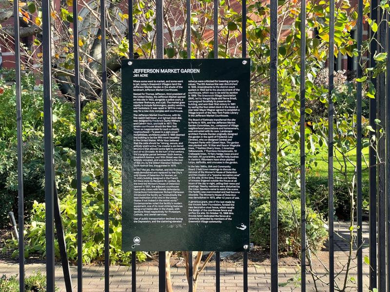 New York City Department of Parks & Recreation signage at the gate to Jefferson Market Garden. (Photo: Spencer Bailey)