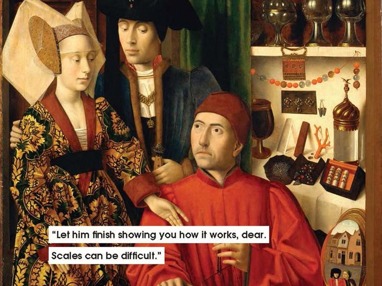 A classical painting depicting two men and a woman with a funny contemporary caption