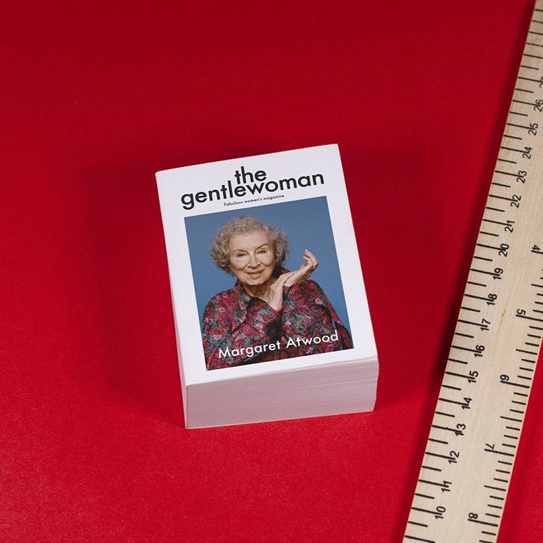 The Gentlewoman magazine featuring Margaret Atwood, on a red background next to a centimeter ruler.