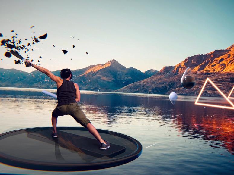 A man in virtual reality playing an exercise game, floating on a disk above a lake.