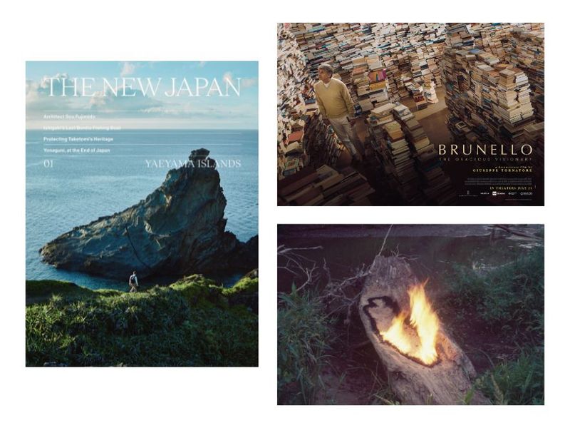 Clockwise from left: Cover of the debut issue of “The New Japan”; official documentary poster for “Brunello: The Gracious Visionary”; “Untitled” (1977), a sculpture from Ana Mendieta’s “Silueta” series (Courtesy the Tate Modern)