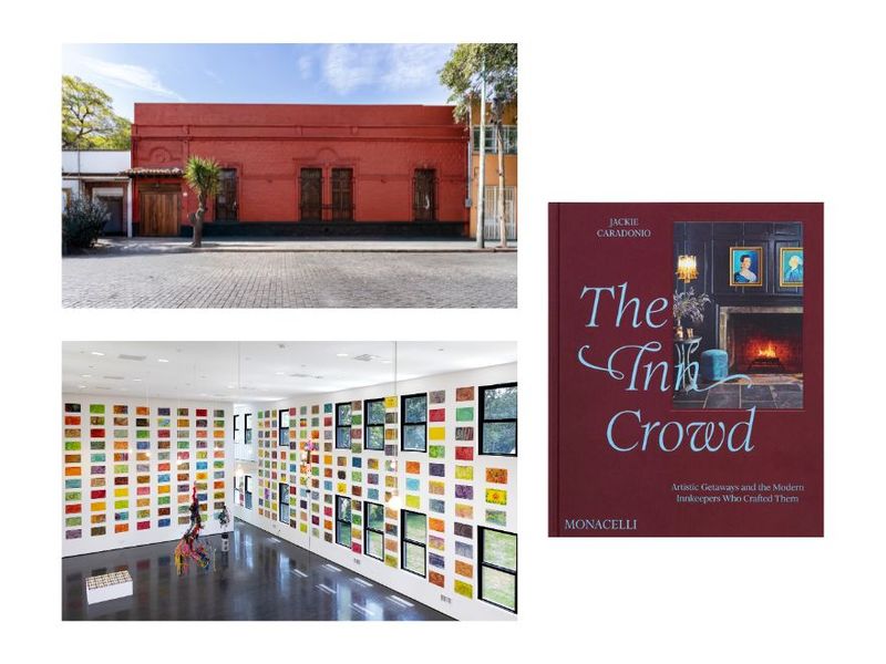 Clockwise from top left: Exterior of newly opened Museo Casa Kahlo (Courtesy Museo Casa Kahlo); cover of “The Inn Crowd” by Jackie Caradonio (Courtesy Monacelli); installation view of “Upside Down Zebra” at The Watermill Center (Photo: Lucie Jansch/Courtesy The Watermill Center)