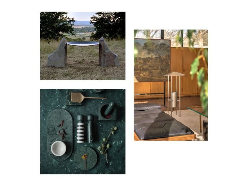 Clockwise from top left: Lily Clark’s “Basalt Basin” (2025), featured in “Slip Condition” at Antica Tera in Oregon (Photo: Lachlan Turczan. Courtesy the artist and Marta gallery); Bassam Fellows’ reissued design of the Johnson/Kelly lamp (Courtesy Bassam Fellows); an assortment of pieces from chef Daniel Humm’s Crate & Barrel collection (Courtesy Crate & Barrel)