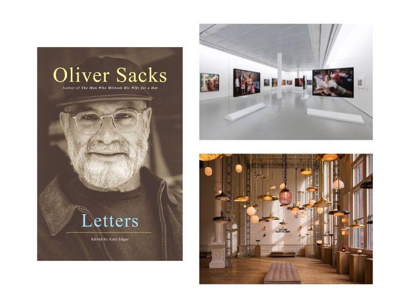 Clockwise from left: Cover of Letters by Oliver Sacks (Courtesy Knopf); view of “Tina Barney: Family Ties” at the Jeu de Paume (© Jeu de Paume. Photo: Antoine Quittet. Courtesy the artist and Kasmin, New York); view of “A Certain Slant of Light” at 6 Harrison Street (Photo: Robert Wright)