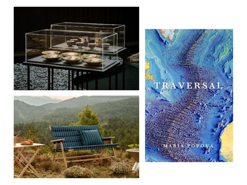 Clockwise from top left: Installation view of “Kawai Kanjirō: House to House” at Japan Society (Photo: Go Sugimoto/Courtesy Japan Society); cover of “Traversal” by Maria Popova (Courtesy Farrar, Straus and Giroux); pieces from the Outdoor Market collection by HAY in collaboration with Jasper Morrison (Courtesy HAY)