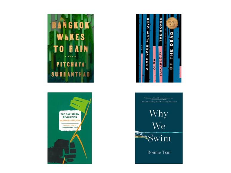 Four book covers from titles about the climate crisis on a white background