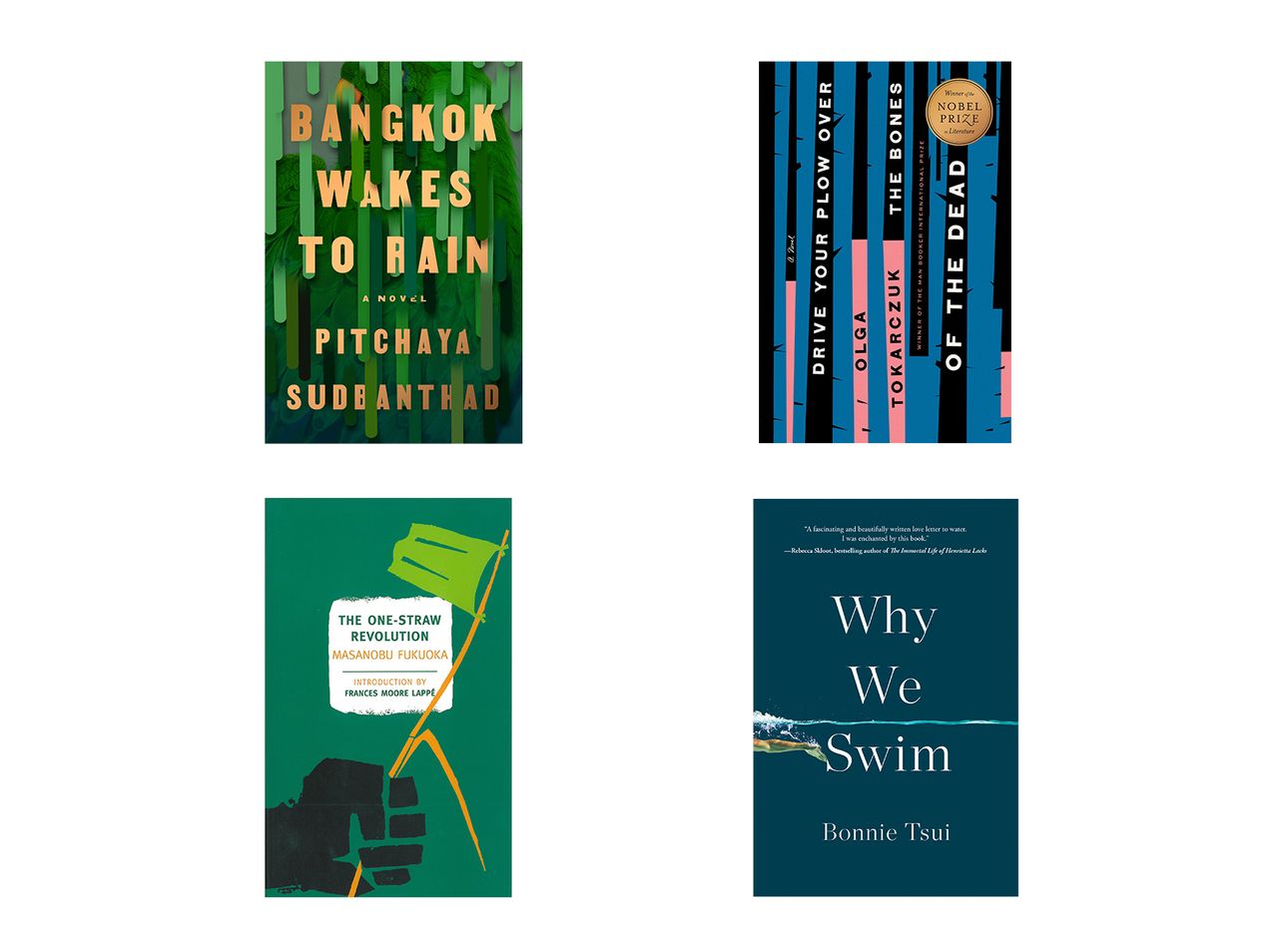 Four book covers from titles about the climate crisis on a white background