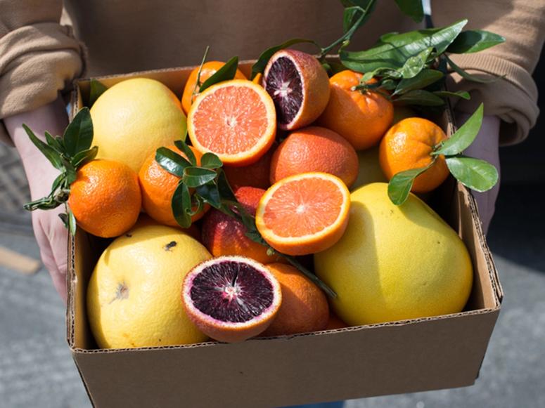 A box of orange, red, and yellow citrus fruits.