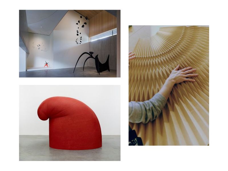 Clockwise from top left: Interior view of Calder Gardens (Photo: Iwan Baan/Artwork: Alexander Calder/Courtesy the artist and Calder Foundation, New York / Artists Rights Society, New York); work in progress by Atelier Lognon, one of the ateliers featured at “la Galerie du 19M Tokyo” (Courtesy Mori Arts Center Gallery); “Big Phrygian” (2010–2014) by Martin Puryear, as featured in “Martin Puryear: Nexus” at the Museum of Fine Arts, Boston (Courtesy the artist, Matthew Marks Gallery, and the Museum of Fine Arts, Boston)