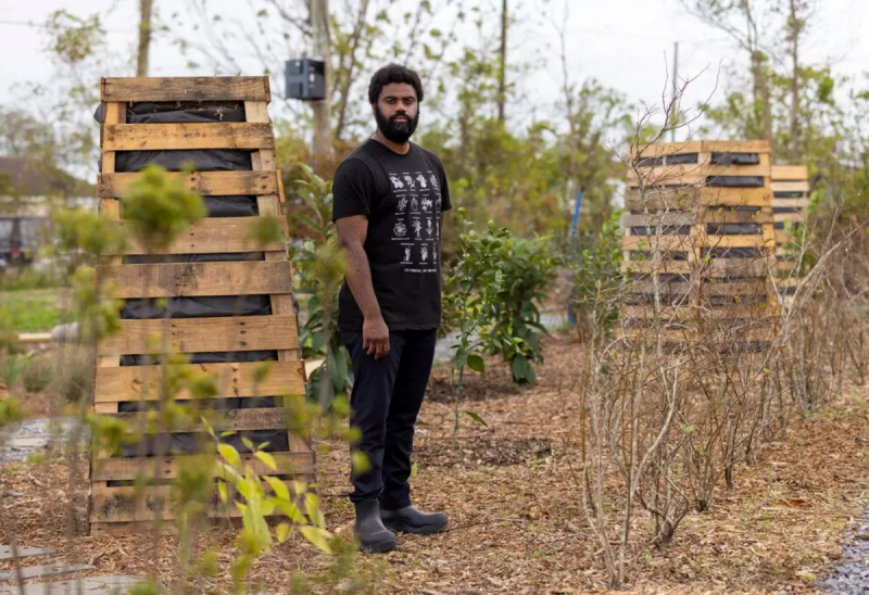 Kevin Beasley in the garden he has built in the Lower Ninth Ward of New Orleans. (Photo: L. Kasimu Harris. Courtesy Prospect New Orleans)