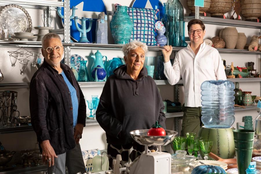 From left to right: Daniel Rozensztroch, Paola Navone, and Spencer Bailey at the “Take It or Leave It” exhibition. (Photo: Antonio Campanella)