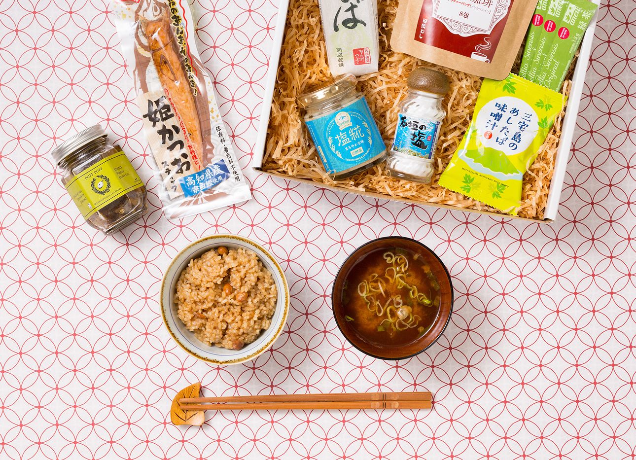 A Kokoro Care Package open to show its contents on a patterned white and red background.