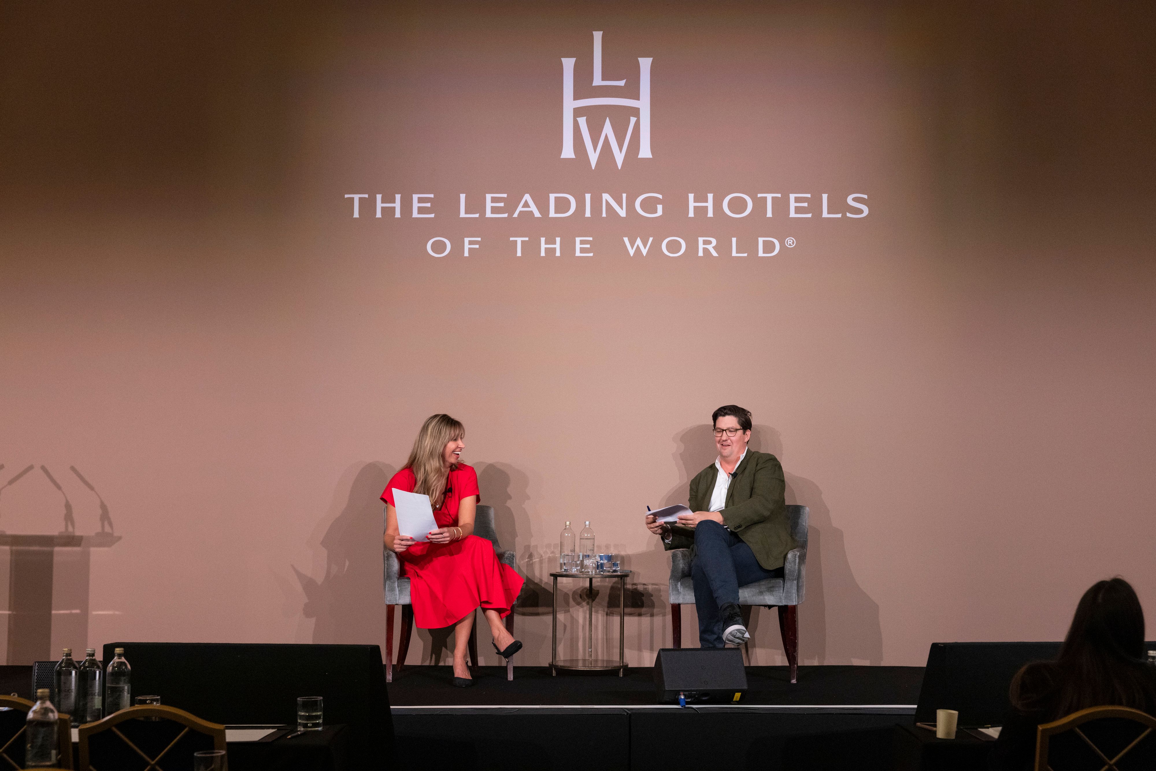 September 27, 2025, London | Gina Anderson, director of brand and communications at The Leading Hotels of the World (LHW), and our editor-in-chief, Spencer Bailey, in conversation during a “Stories That Stick” workshop at an LHW Summit at The Landmark London hotel.