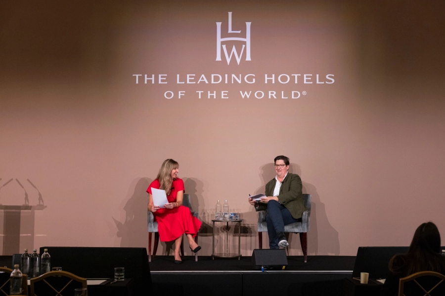September 27, 2025, London | Gina Anderson, director of brand and communications at The Leading Hotels of the World (LHW), and our editor-in-chief, Spencer Bailey, in conversation during a “Stories That Stick” workshop at an LHW Summit at The Landmark London hotel.