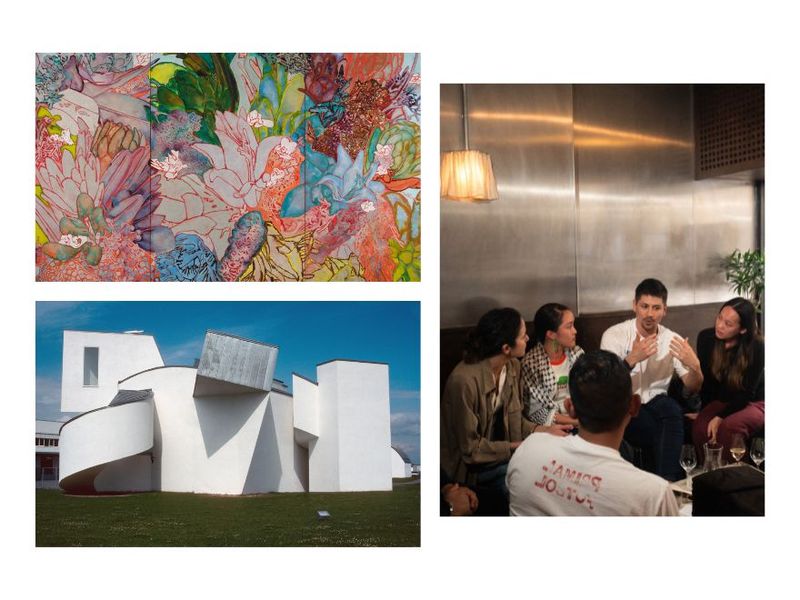 Clockwise from top left: “Winter Flowers in Spring II” (2025) by Francesco Clemente, one of the works featured in “Francesco Clemente: In Between” at the Triennale Milano (Photo: Argenis Apolinario/Courtesy the artist and Vito Schnabel Gallery); Thinking Through Social Club members conversing at Colbo Next Door (Photo: Zihao Huang); the Vitra Design Museum in Weil am Rhein, Germany, designed by Frank Gehry (Courtesy the Serralves Museum and the Getty Research Institute, Los Angeles)