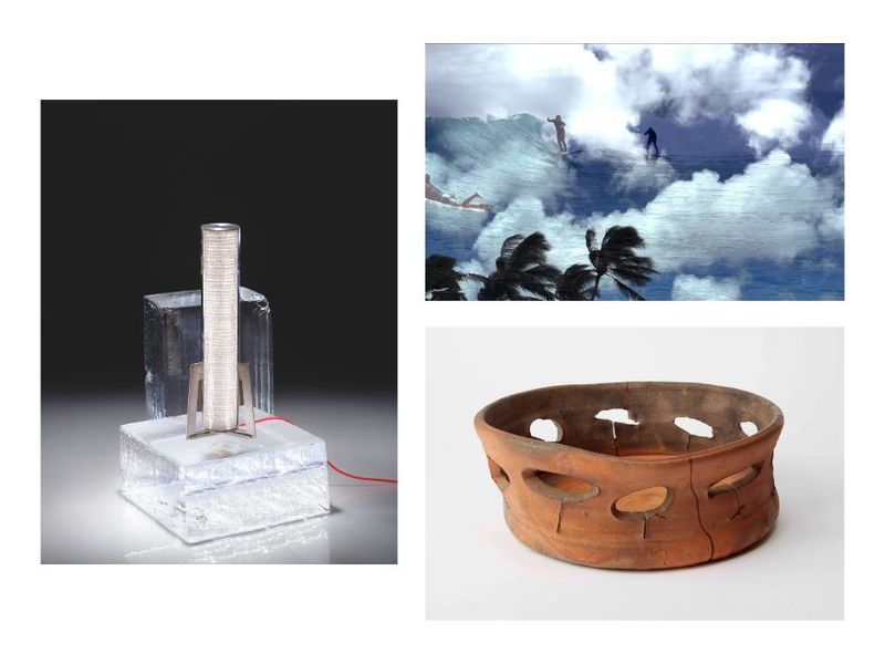 Clockwise from left: Artemide’s Criosfera light by Giulia Foscari (Photo: Pierpaolo Ferrari. Courtesy Artemide); a still from Salote Tawale’s “E da sa semati vata” (2025) (Courtesy of the artist); JB Blunk’s “Thrown Pierced Bowl” (1953) (Photo: Daniel Dent. Courtesy JB Blunk Estate). 