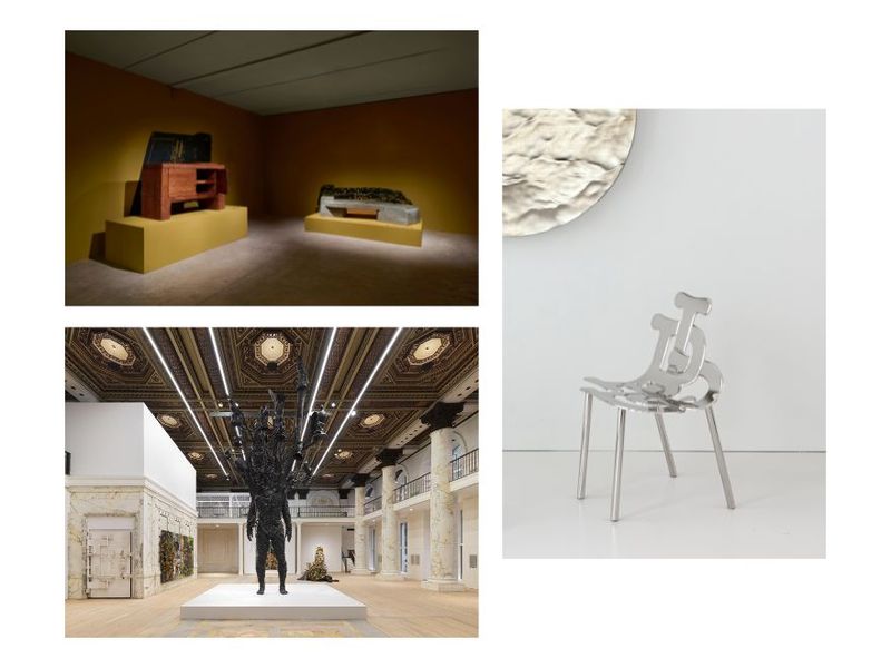 Clockwise from top left: View of “Assemblage 7: Lost and Found II” at Friedman Benda (Photo: Izzy Leung. Courtesy Faye Toogood and Friedman Benda); a chair from the “I Am” series featured in “Ici et Maintenant” at Christie’s France (Photo: Felipe Ribon. Courtesy Mathieu Lehanneur Studio); view of “Nick Cave: Amalgams and Graphts” at Jack Shainman Gallery (© Nick Cave. Photo: Dan Bradica Studio. Courtesy the artist and Jack Shainman Gallery, New York)