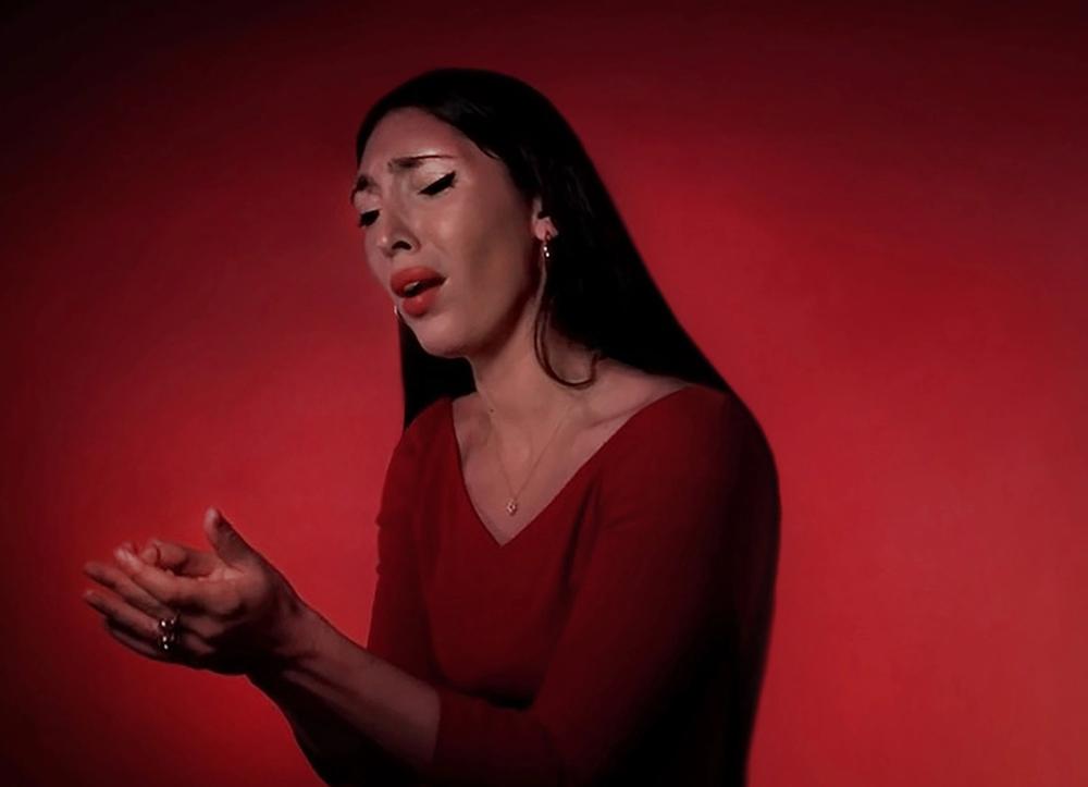 Laura Baldassari on a red background, singing.