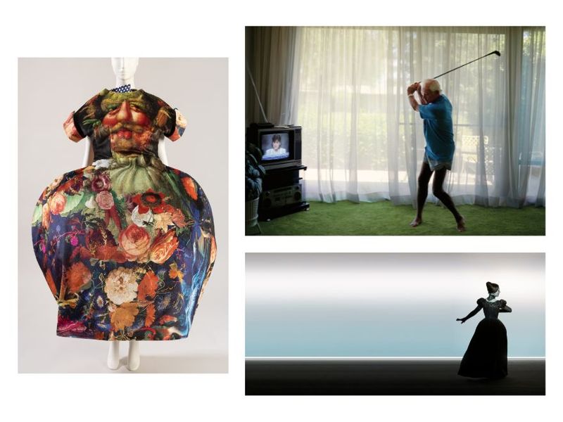 Clockwise from left: A Comme des Garçons polyester, cotton, and nylon dress printed with Giuseppe Arcimboldo’s painting “Vertumnus” (1591) (Courtesy The Museum at FIT); a view of Larry Sultan’s “Practicing Golf Swing” (1986) from the artist’s “Pictures from Home” series (Courtesy of the artist’s estate); Isabelle Huppert in Robert Wilson’s Mary Said What She Said (Courtesy Lucie Jansch)