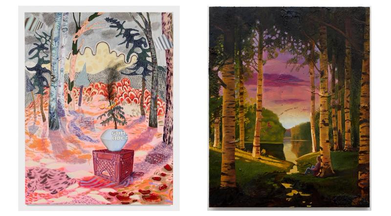 From left: “Little Flame” (2022) by Melanie Daniel (Courtesy the artist and Asya Geisberg Gallery). “1-800 Serenity Now” (2022) by Friedrich Kunath (Photo: Evan Walsh. Courtesy the artist and Blum & Poe, Los Angeles/New York/Tokyo).