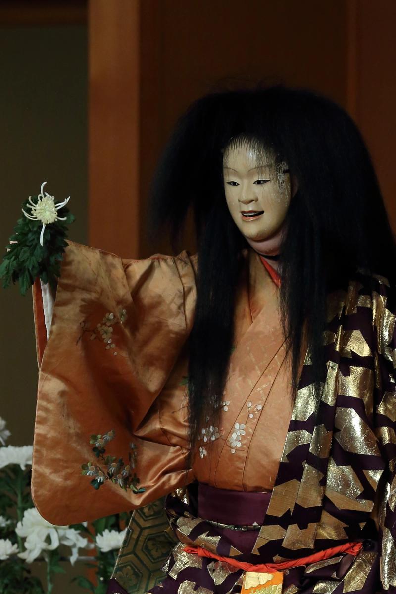 The “shite” (primary performer) in “Makura Jido” (“Chrysanthemum Boy”). (Photo: Yutaka Ishida. Courtesy Japan Society)