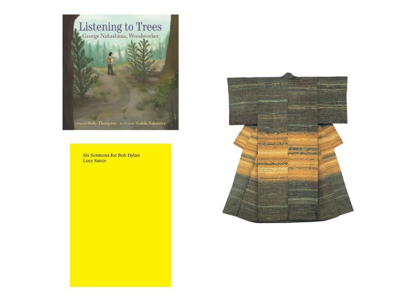 Clockwise from top left: Cover of Listening to Trees (Courtesy Neal Porter Books); “Path of Light,” one of the pieces on view at “Celebrating Fukumi Shimura’s 100th Birthday from ‘Autumn Haze’ to ‘Beyond The Field’” at the Okura Museum of Art (Courtesy the Okura Museum of Art); cover of Six Sermons for Bob Dylan (Courtesy Tenement Press)