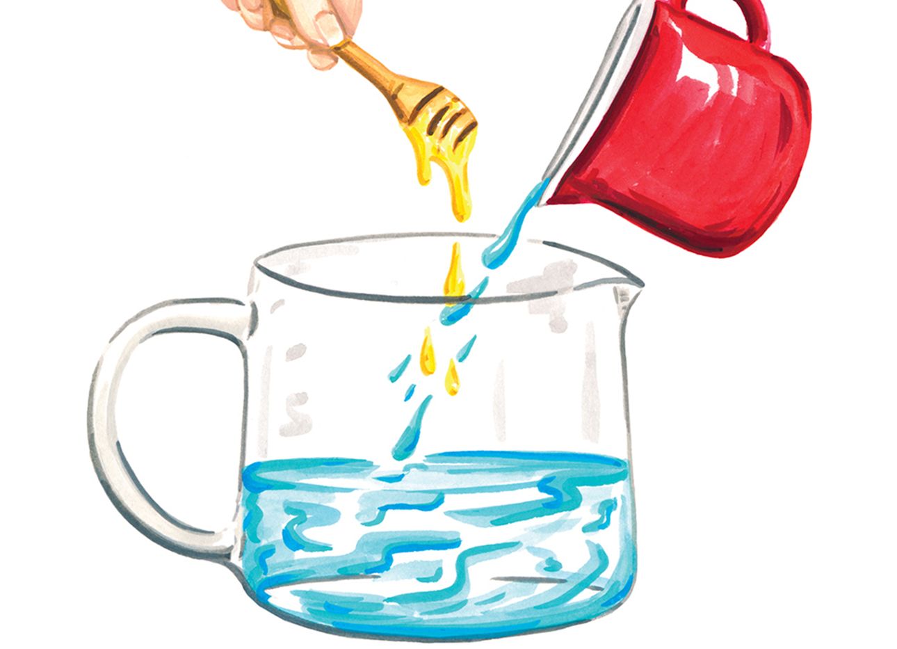 A pitcher of water with a hand holding a honey wand overhead.