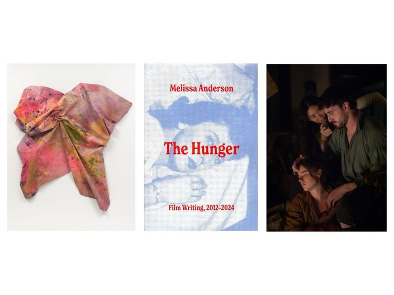 From left: “Little Dude” (circa 1972) by Sam Gilliam, on view in the exhibition “Drop, Cloth” at Hollis Taggart (Courtesy the artist and Hollis Taggart); cover of “The Hunger” by Melissa Anderson (Courtesy Film Desk Books); actors Paul Mescal and Jessie Buckley with director Chloé Zhao on the set of “Hamnet” (Photo: Agata Grzybowska/Courtesy Focus Features)