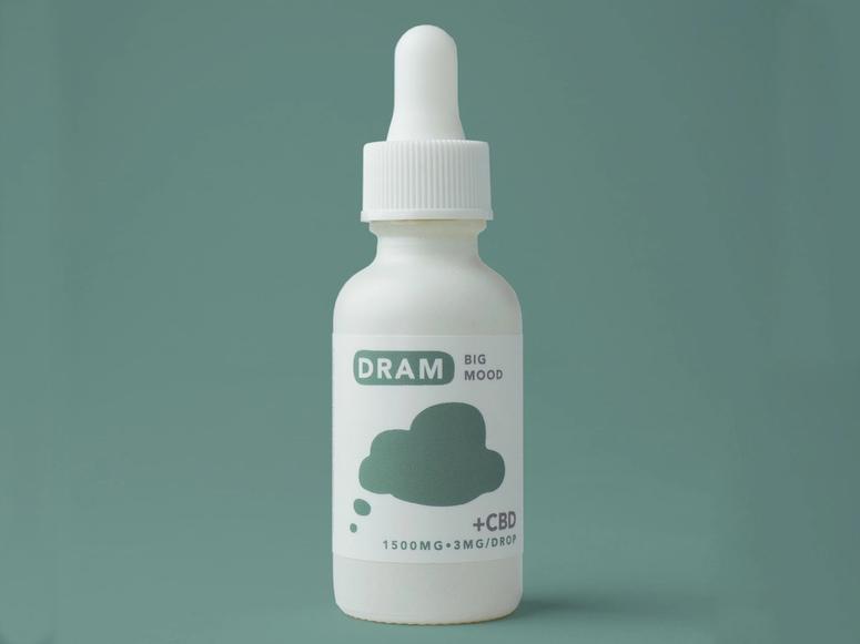 Dram's Big Mood CBD dropper on a blue-green background.