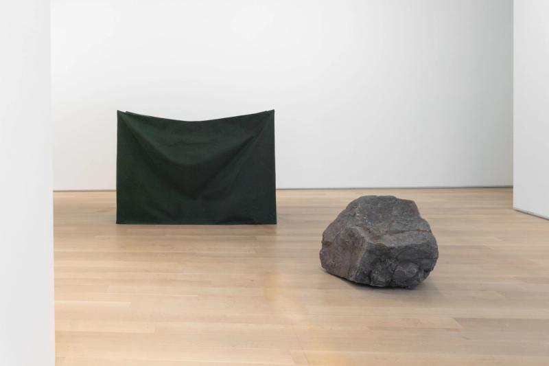 (From left) Jonathan Mueke’s “Concave Textile Shape” (2019) and “Rock with Holes” (2021). (Courtesy Art Institute of Chicago)