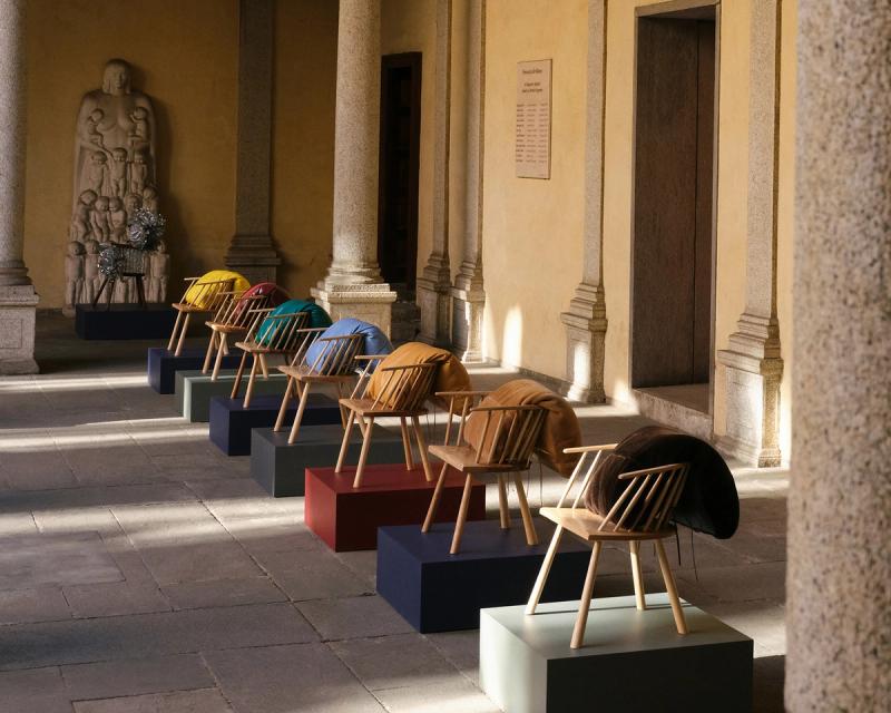 Loewe’s new collection of chairs, presented at the 16th-century Palazzo Isimbardi for Milan Design Week. (Courtesy Loewe)