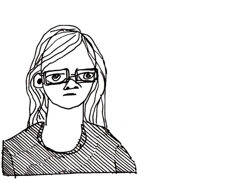 Black and white cartoon drawing of a girl with glasses and striped shirt