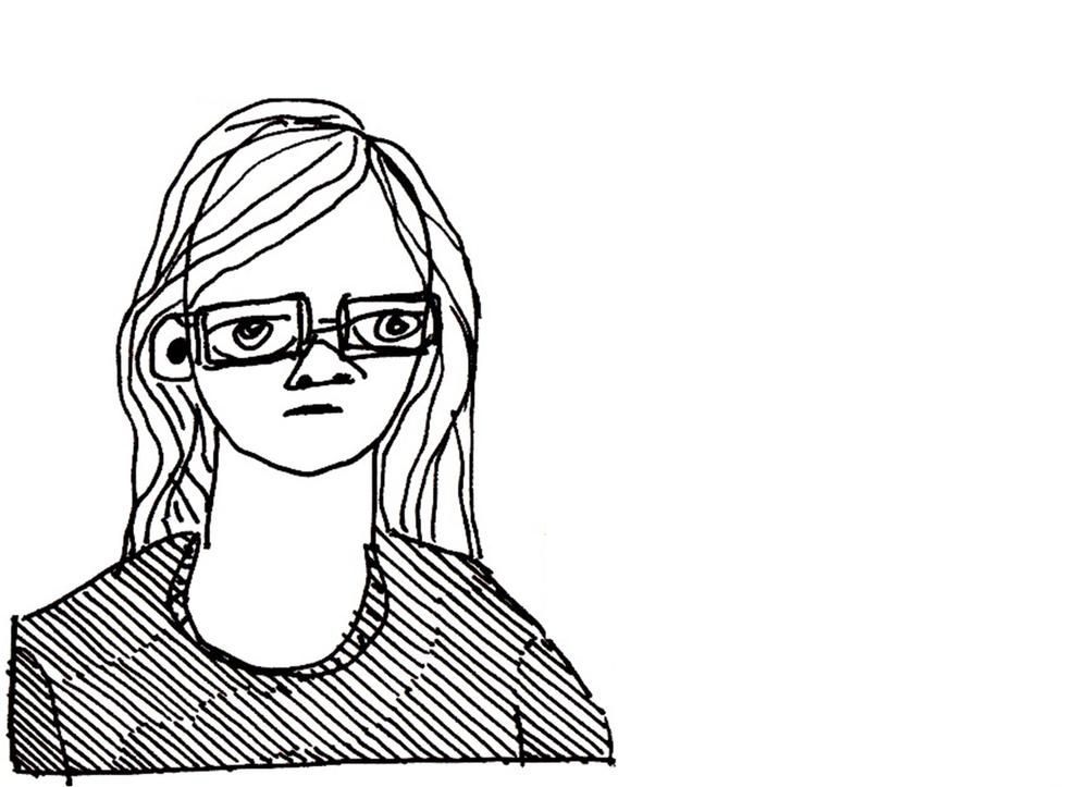 Black and white cartoon drawing of a girl with glasses and striped shirt