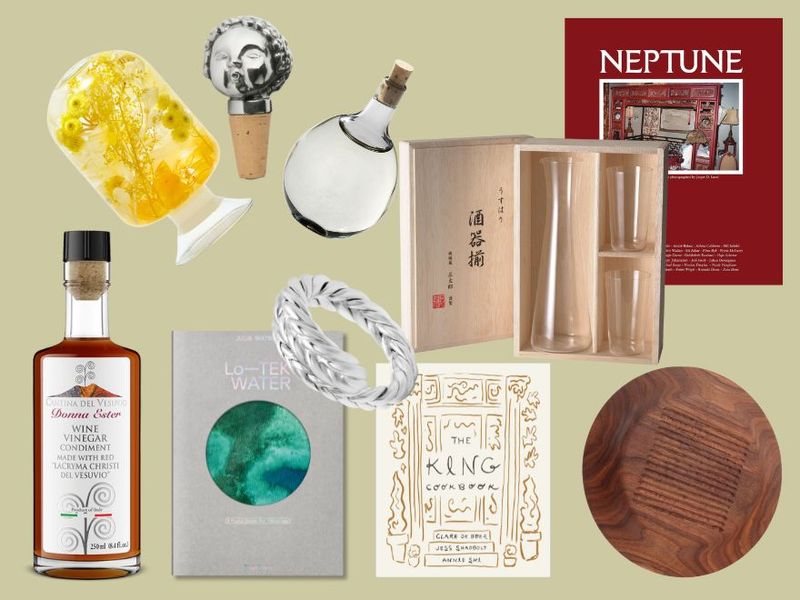 Clockwise from bottom left: Cantina del Vesuvio’s Wine Vinegar Condiment (Courtesy Cantina del Vesuvio); Style Jieum’s “Yellow Immortelle” flower sculpture (Courtesy Style Jieum); Svenkst Tenn’s Cherub Wine Stopper (Courtesy Svenkst Tenn); Kindred Black’s peppermint oil (Courtesy Kindred Black); Cibone’s Usuhari Sake Set (Courtesy Cibone); cover of “Neptune Papers” Issue 9 (Courtesy “Neptune Papers”); one of the five walnut Blunk Plates (Courtesy Blunk Shop); cover of “The King Cookbook” (Courtesy Flatiron Books); Carina Hardy’s Braid Double Wrap Flex Ring (Courtesy Carina Hardy); cover of “Lo–TEK. Water: A Field Guide for TEKnology” by Julia Watson (Courtesy Taschen)
