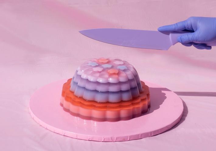 A hand in a blue plastic glove holds a purple knife above a pink, purple, and red jelly cake atop a pink platter.