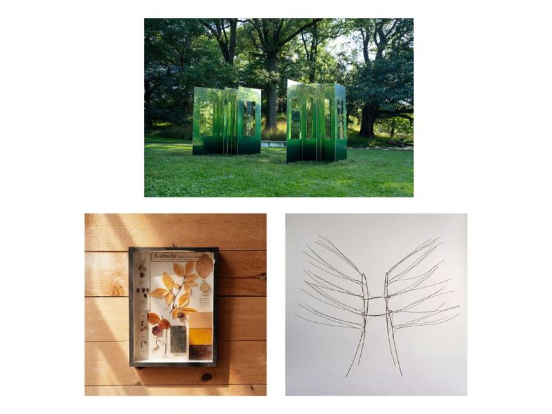 Clockwise from top: Suchi Reddy’s “Turbulence 2025” installation at the Brooklyn Botanic Garden (Courtesy the artist and the Brooklyn Botanic Garden); Isamu Noguchi’s “Spider Dress” (1946) for Martha Graham’s “Cave of the Heart,” featured in “Isamu Noguchi: Landscapes in Time” at the Clark Art Institute (The Isamu Noguchi Foundation and Garden Museum, New York; gift of the J.M. Kaplan Fund, 251-1A, The Isamu Noguchi Foundation and Garden Museum, New York/Artists Rights Society); a shadow box from the Slow Roads x Field Studies Flora collection (Courtesy Slow Roads)