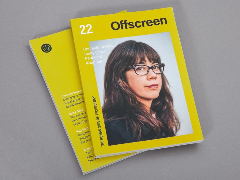 Two copies of Offscreen magazine featuring a woman with black glasses on the front cover.