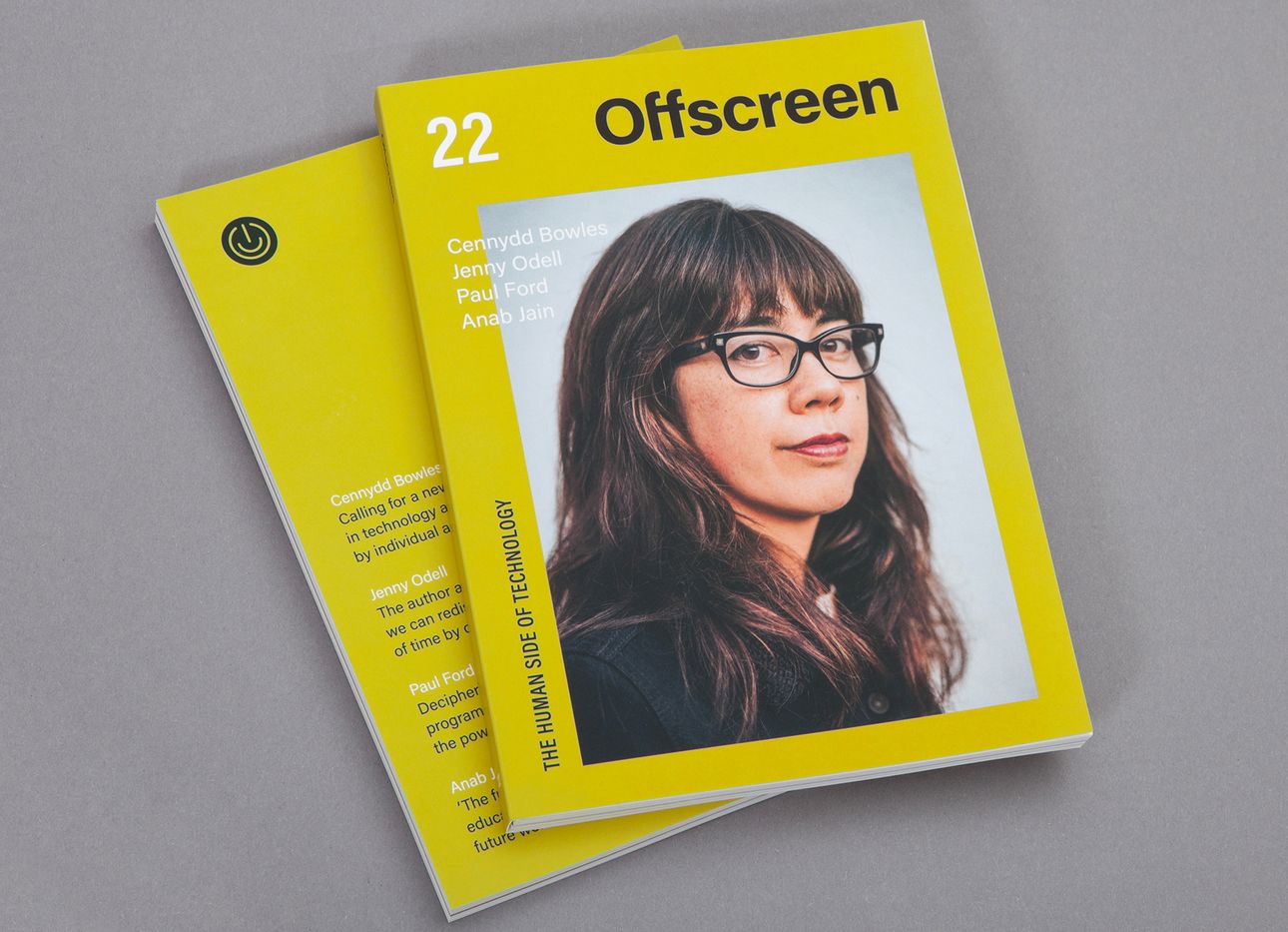 Two copies of Offscreen magazine featuring a woman with black glasses on the front cover.