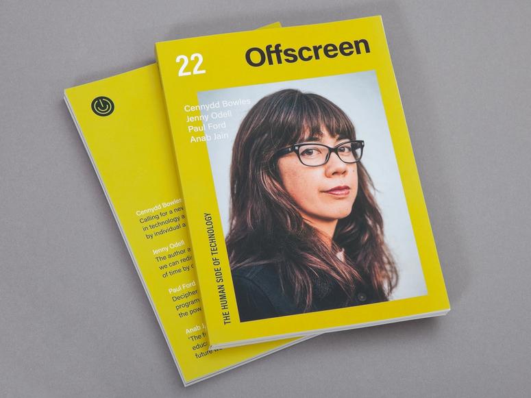 Two copies of Offscreen magazine featuring a woman with black glasses on the front cover.