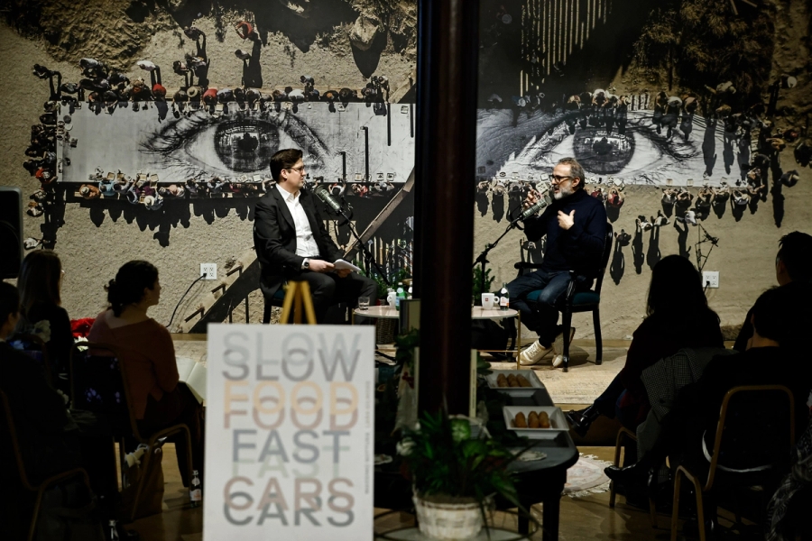 December 2023 | The Slowdown’s editor-in-chief, Spencer Bailey, in conversation with the chef Massimo Bottura at Refettorio Harlem for a live taping of our Time Sensitive podcast hosted in partnership with Phaidon. (Photo: Ogata)