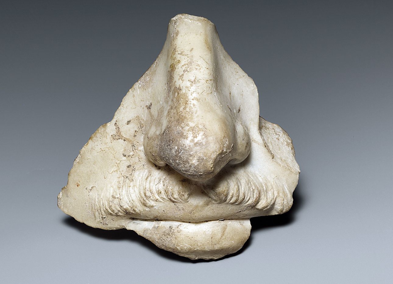 The nose fragment of a stone sculpture.