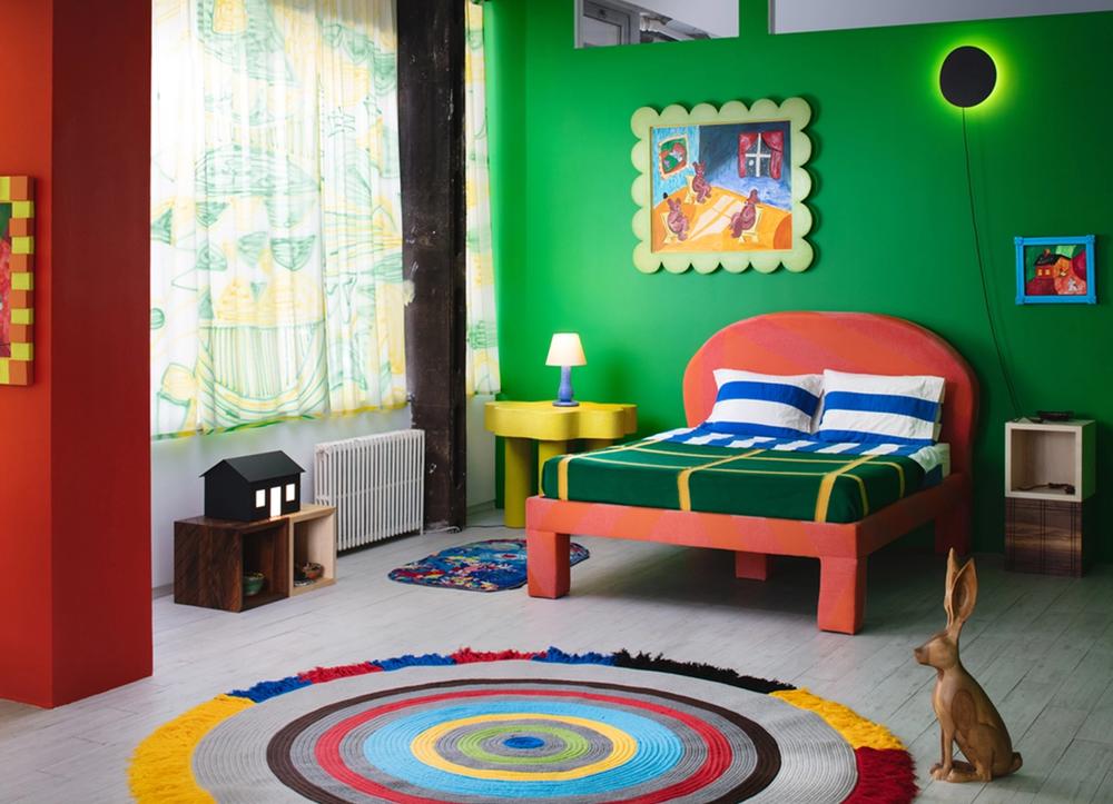 Installation view of a room inspired by furniture from the book "Goodnight Moon"