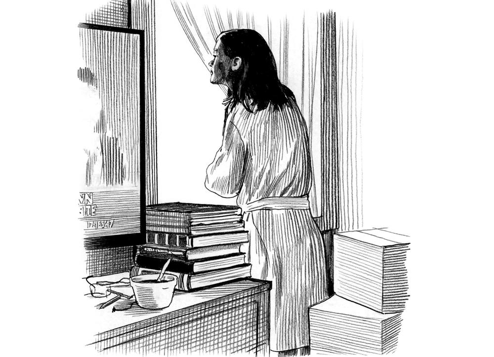 A drawing of a woman looking into a mirror near a window.