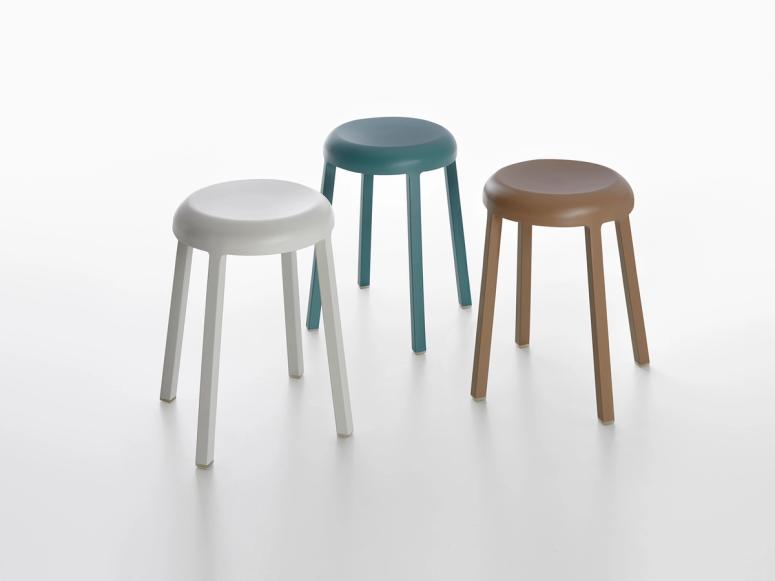 Three stools in white, blue, and brown.