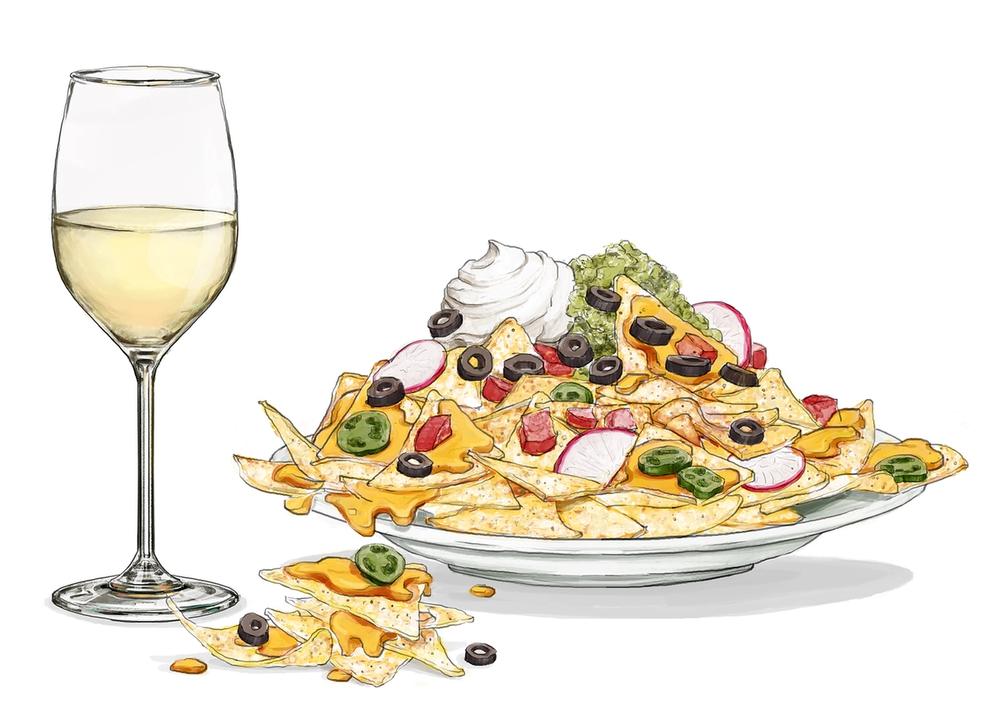 An illustration of a glass of white wine next to a heaping plate of nachos.
