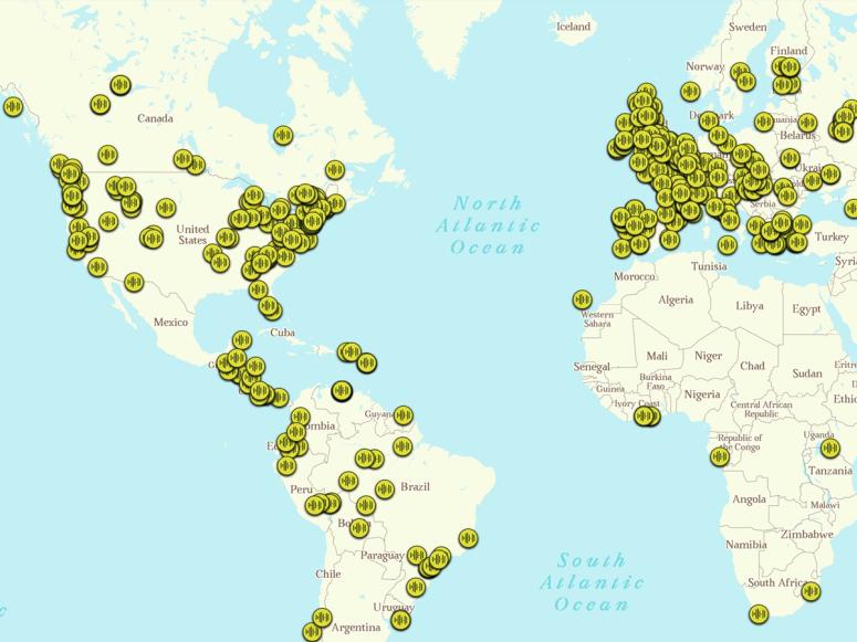 A map detailing the global locations of Sounds of the Forest’s audio postcards. 