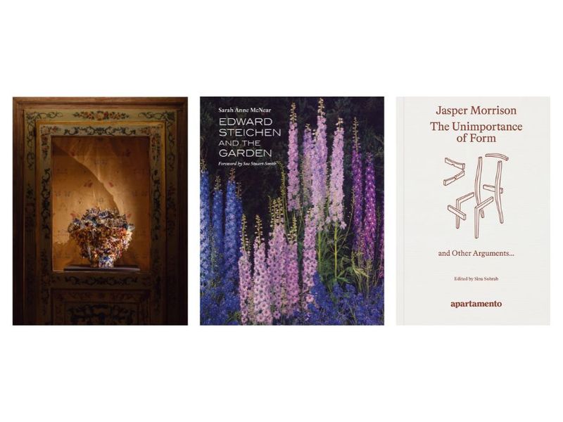From left: Installation view of “The Only True Protest Is Beauty” at Fondazione Dries Van Noten (Photo: Matteo de Mayda/Courtesy Fondazione Dries Van Noten); cover of “Edward Steichen and the Garden” by Sarah Anne McNear (Courtesy Yale University Press); cover of “The Unimportance of Form” by Jasper Morrison (Courtesy Apartamento)