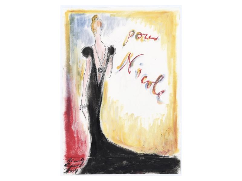 Lagerfeld’s drawing for Nicole Kidman of a Chanel haute couture evening gown for the Chanel N°5 commercial directed by Baz Luhrmann in 2004. (Courtesy Chanel and Harper Books)