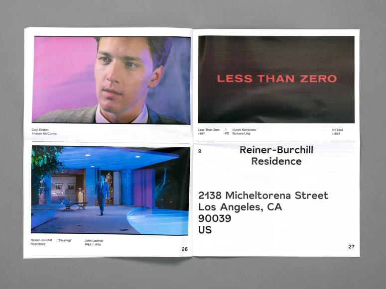 Four images arranged in a grid depicting a man in a suit, the words "Less than Zero" in red on a black background, an address, and a picture of an outdoor courtyard